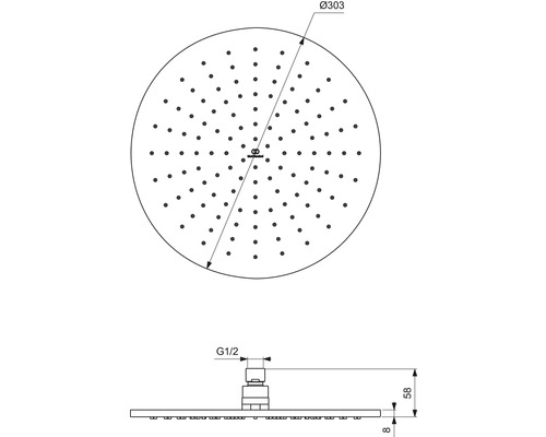 Technický výkres sprchové hlavice s rozměry