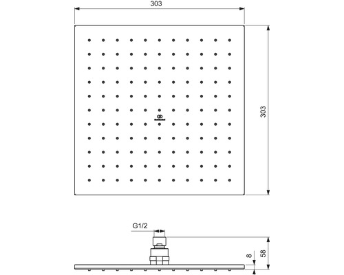 Technický výkres čtvercové sprchové hlavice o rozměrech 303 x 303 milimetrů a s připojením G 1/2.