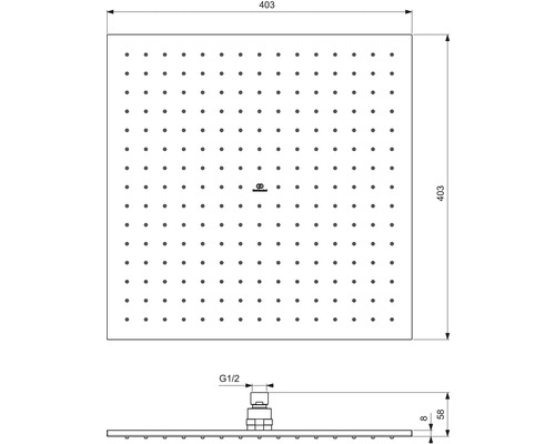Technický nákres čtvercové sprchové hlavice s rozměry