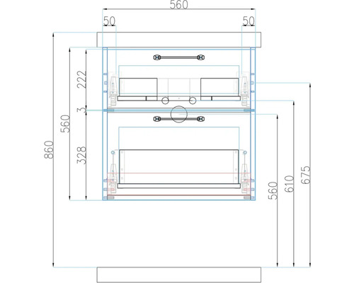 Technický výkres sady koupelnového nábytku s rozměry