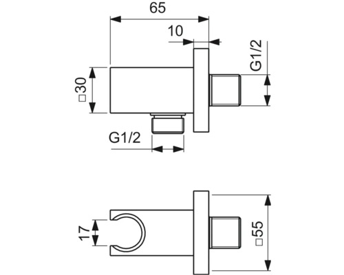 Technický výkres držáku sprchové hadice s rozměry
