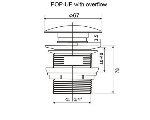 Technický nákres výpusti typu pop-up s přepadem, rozměry jsou uvedeny