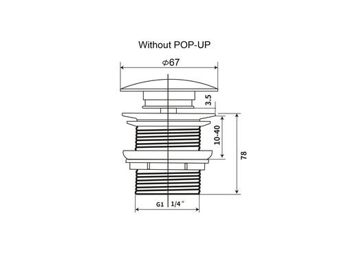 Technický nákres výpustného ventilu bez funkce Pop-Up s rozměry