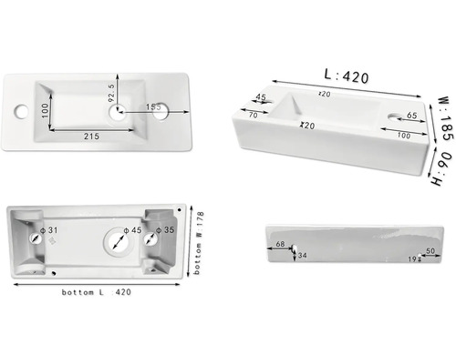Technický nákres umyvadla s rozměry