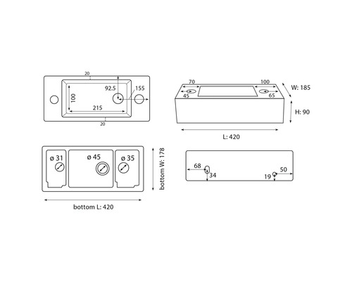 Technický výkres umyvadla s rozměry