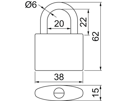 Technický nákres visacího zámku s rozměry