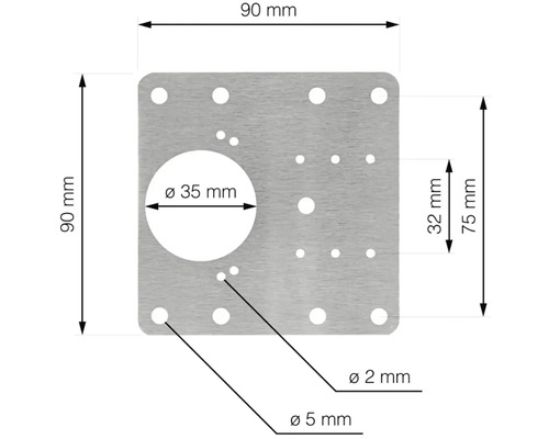 Technický nákres montážní desky o rozměrech 90 x 90 mm s různými otvory