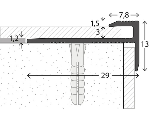 Technický výkres profilu hrany schodu s rozměry.