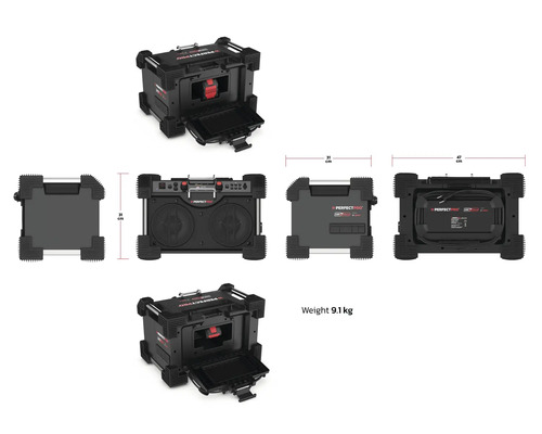 Pohledy na staveništní rádio Perfectpro Workstation 4 o rozměrech 31, 35 a 47 centimetrů a hmotnosti 9,1 kilogramu.