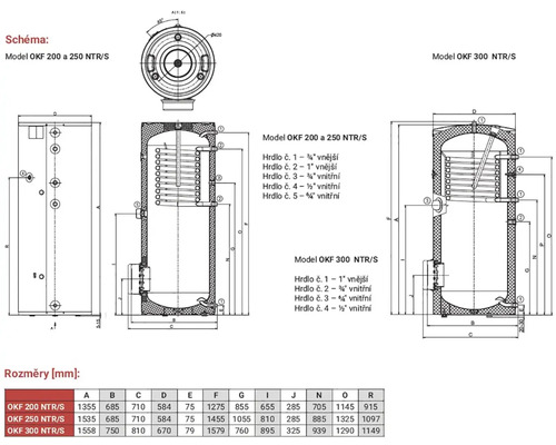 Schéma ohřívačů vody modelů OKF 200, 250 a 300 NTR/S s rozměry
