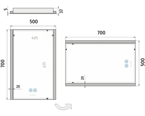 Technický výkres zrcadlové skříňky s rozměry