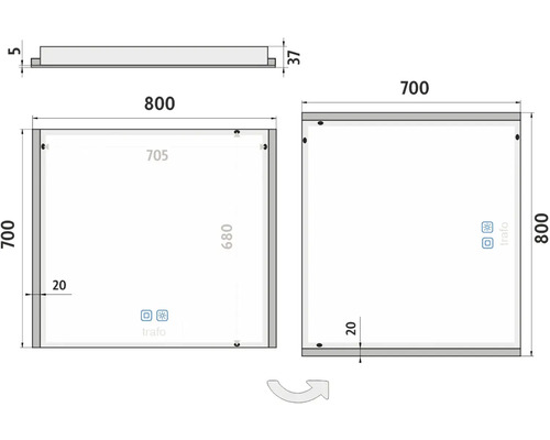 Technický nákres zrcadla o rozměrech 800 x 700 mm