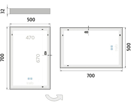 Technický výkres zrcadla o rozměrech 700 krát 500 milimetrů