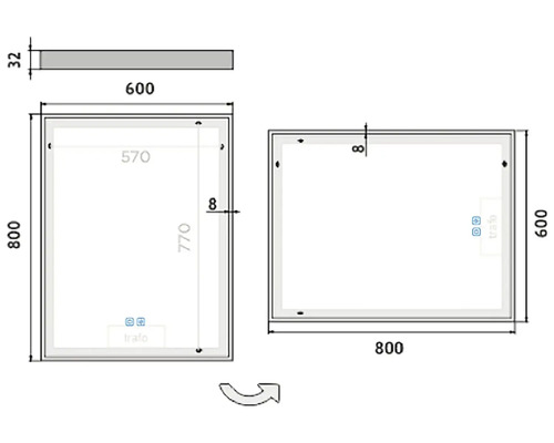 Technický nákres zrcadla o rozměrech 600 x 800 mm a hloubce 32 mm