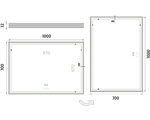Technický nákres zrcadla o rozměrech 1000 x 700 mm