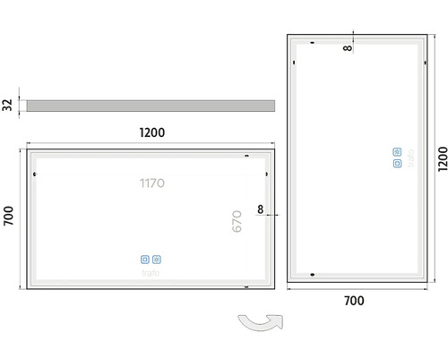 Technický výkres zrcadla s LED osvětlením a rozměry.