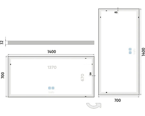 Technický výkres zrcadla o rozměrech 1400 x 700 mm.