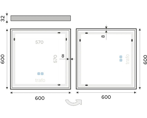 Technický nákres zrcadla o rozměrech 600 krát 600 milimetrů a tloušťce 32 milimetrů