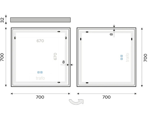 Technický nákres zrcadla o rozměrech 700 krát 700 milimetrů