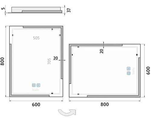 Technický nákres zrcadlové skříňky s rozměry