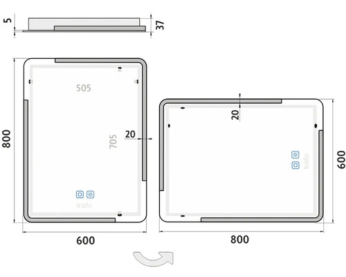 Technický výkres zrcadlové skříňky s rozměry