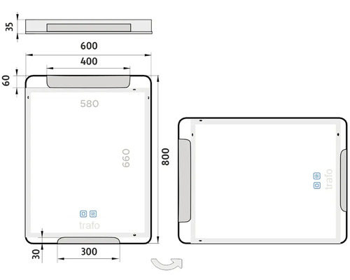 Technický nákres zrcadla s rozměry