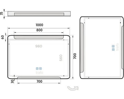 Technický výkres zrcadla s rozměry