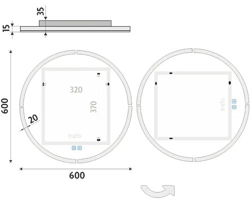 Technický výkres zrcadla s LED osvětlením a rozměry