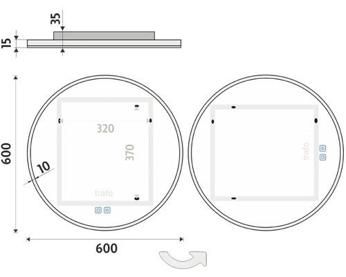 Technický výkres kulatého zrcadla o rozměrech 600 x 600 mm