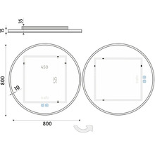 Technický nákres kulatého zrcadla o rozměrech 800 x 800 mm a hloubce 15 mm