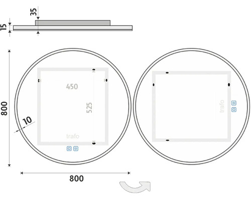 Technický nákres kulatého zrcadla o rozměrech 800 x 800 mm a hloubce 15 mm
