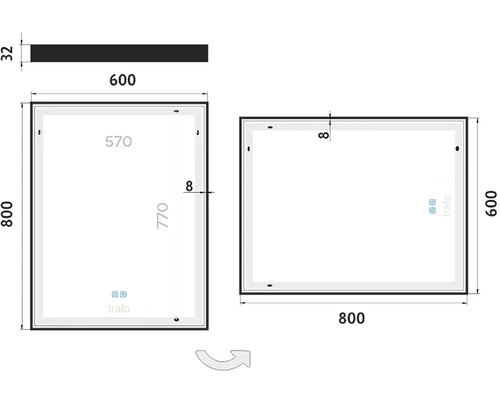 Technický výkres zrcadla s rozměry