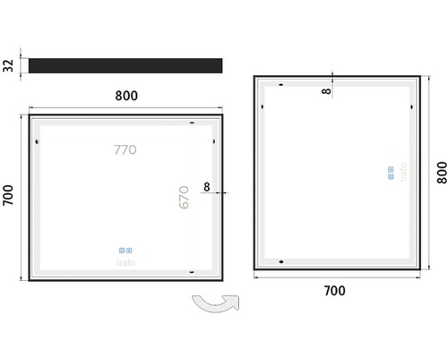 Technický nákres zrcadlové skříňky s rozměry