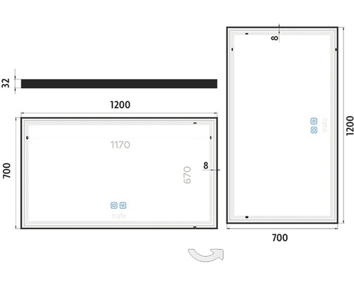 Rozměrový výkres zrcadla s osvětlením, rozměry v milimetrech