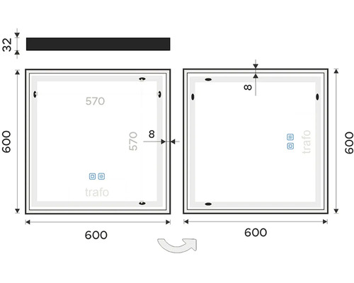 Technický nákres zrcadla s rozměry