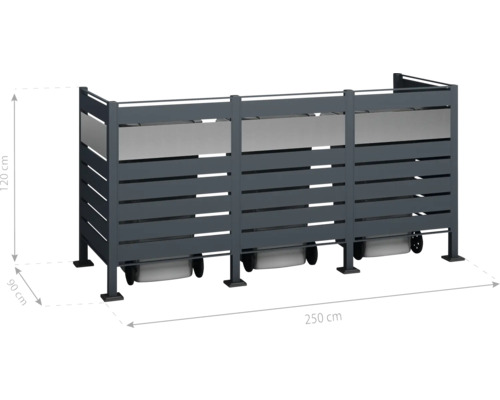 Box na popelnice pro tři popelnice, přibližně 250 x 120 x 90 cm