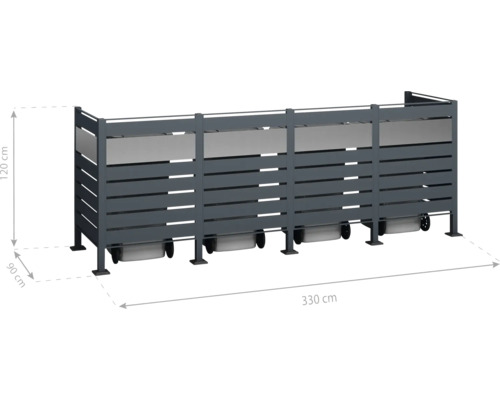Box na popelnice pro tři popelnice, šířka 330 cm, výška 120 cm a hloubka 90 cm