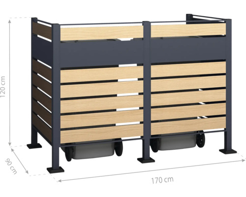 Kontejnerový box se dvěma stáními, rám z kovu, výplň z dřevěných lamel, rozměry 170x120x90 cm