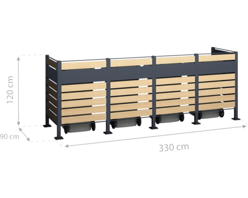 Kontejner na popelnice z kovu a dřeva, 330 x 120 x 90 cm