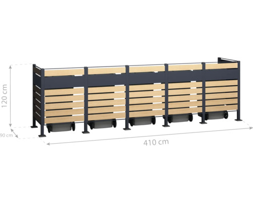 Kontejner na odpadky z kovu a dřeva o rozměrech 410 x 120 x 90 centimetrů