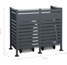 Box na popelnice pro dvě popelnice, vyrobená z kovových lamel, o rozměrech 170 x 90 x 150 centimetrů.