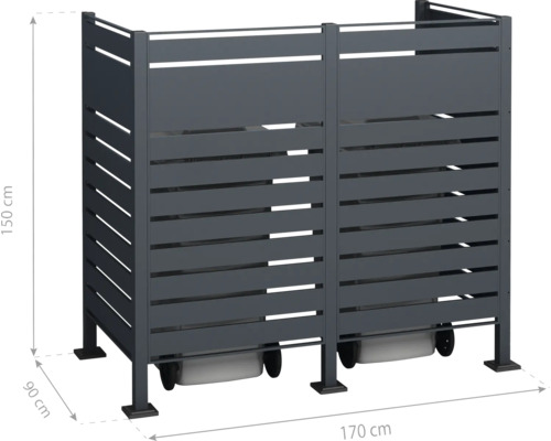 Box na popelnice pro dvě popelnice, vyrobená z kovových lamel, o rozměrech 170 x 90 x 150 centimetrů.
