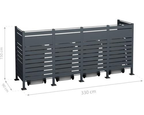 Kovový box na popelnice o rozměrech 150 x 330 x 90 centimetrů