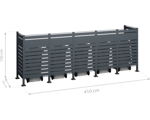 Hliníkový zástěna o rozměrech 150 cm výška, 90 cm hloubka a 410 cm délka.