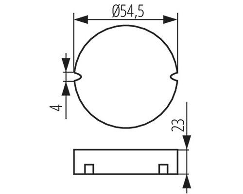 Technický výkres s rozměry kulatého výrobku: průměr 54,5, výška 23