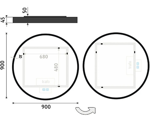 Technický výkres kulatého zrcadla o rozměrech 900 krát 900 milimetrů a hloubce 45 milimetrů