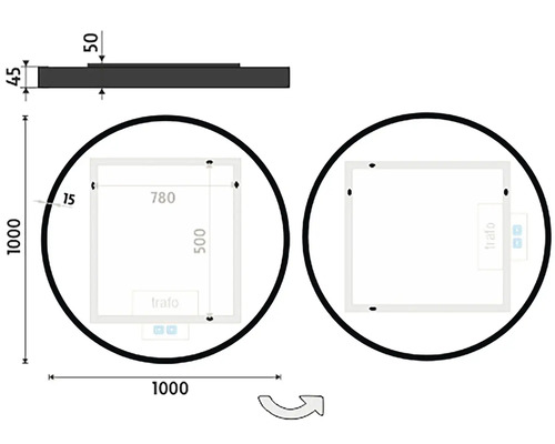 Technický nákres zrcadla o rozměrech 1000x1000 mm a obdélníkové zrcadlové plochy 780x500 mm