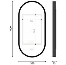 Technický výkres zrcadla o rozměrech 1000 x 500 x 45 mm a zrcadlové ploše 760 x 360 mm.