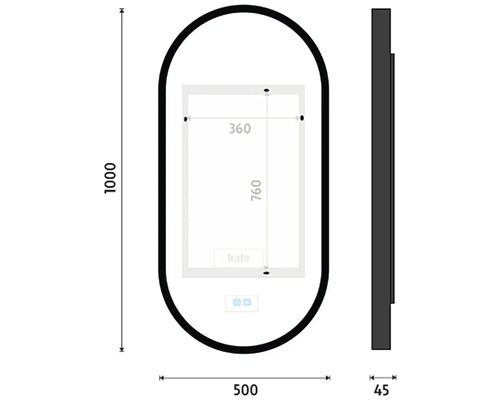 Technický výkres zrcadla o rozměrech 1000 x 500 x 45 mm a zrcadlové ploše 760 x 360 mm.