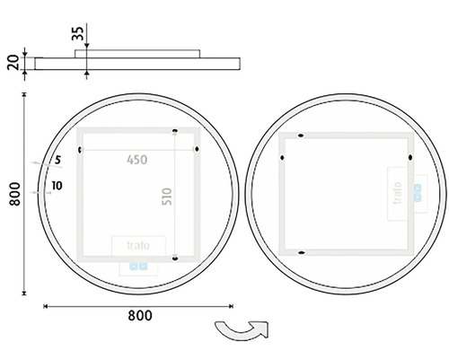 Technický nákres kulatého zrcadla o rozměrech 800 x 800 mm